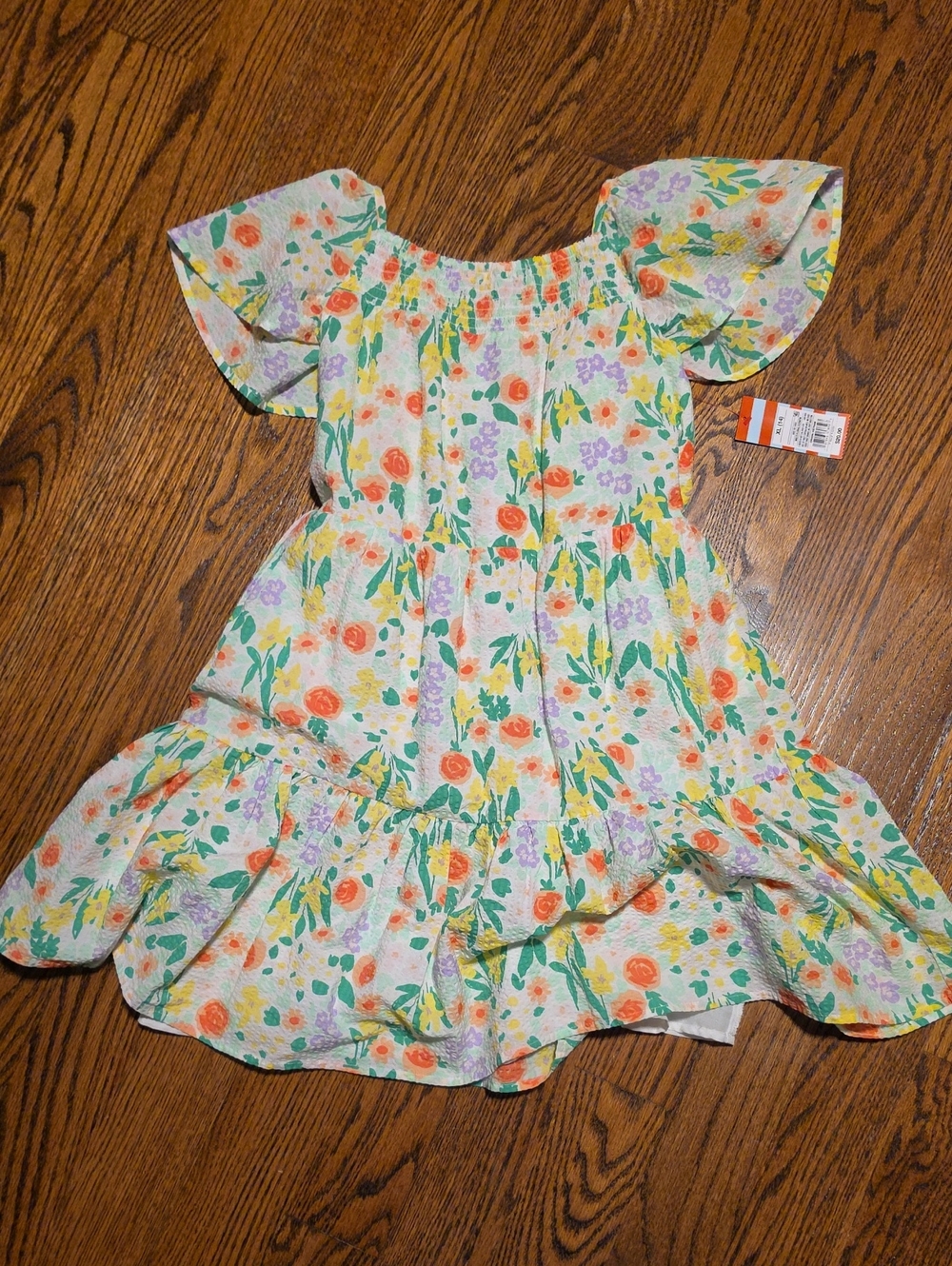 Cat & Jack Cream Floral Ruffle Dress with Orange and Purple Flowers